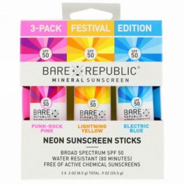 Bare Republic, ネオンサンスクリーン・スティックス、お祭りバージョン、 SPF 50、3パック、各 .3 oz (8.5 g) (Discontinued Item)