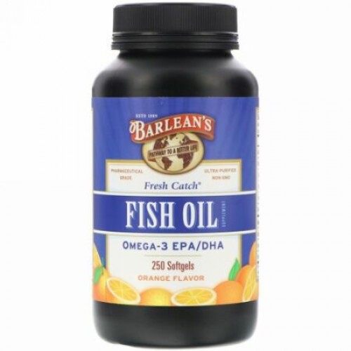 Barlean's, フレッシュキャッチ、フィッシュオイルサプリメント、オメガ3 EPA/DHA、オレンジ風味、ソフトジェル250個