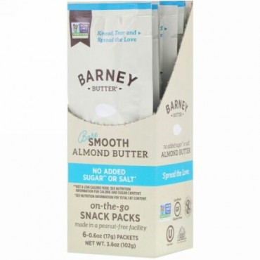 Barney Butter, Almond Butter, On the Go Snack Packs, Bare Smooth, 6 Packets, 0.6 oz (17 g) Each (Discontinued Item)
