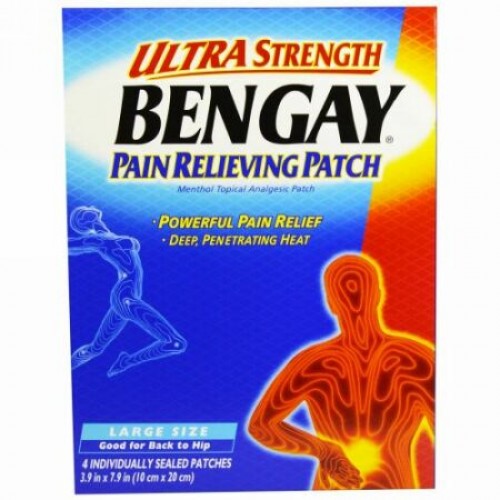 Bengay, ウルトラストレングス鎮痛パッチ、ラージサイズ、4パッチ、3.9インチ x 7.9インチ (10 cm x 20 cm)