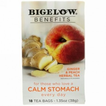 Bigelow, カームストマック（胃を落ち着ける）、ジンジャー&ピーチハーバルティー、ティーバッグ18個、1.35 oz (38 g) (Discontinued Item)