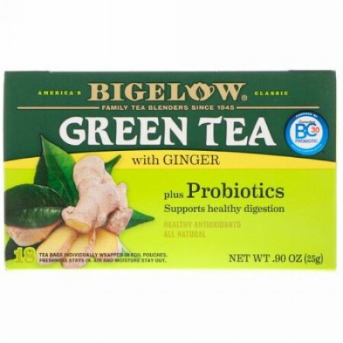 Bigelow, Green Tea with Ginger Plus Probiotics, 18 Tea Bags, .90 oz (25 g) (Discontinued Item)