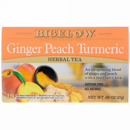 Bigelow, Herbal Tea, Ginger Peach Turmeric, 18 Tea Bags, .98 oz (27 g) (Discontinued Item)