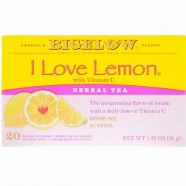 Bigelow, Herbal Tea, I Love Lemon with Vitamin C, Caffeine Free, 20 Tea Bags, 1.28 oz (36 g) (Discontinued Item)