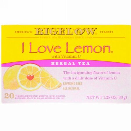 Bigelow, Herbal Tea, I Love Lemon with Vitamin C, Caffeine Free, 20 Tea Bags, 1.28 oz (36 g) (Discontinued Item)