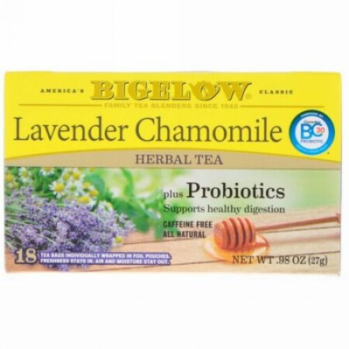 Bigelow, Herbal Tea, Lavender Chamomile Plus Probiotics, 18 Tea Bags, .98 oz (27 g) (Discontinued Item)