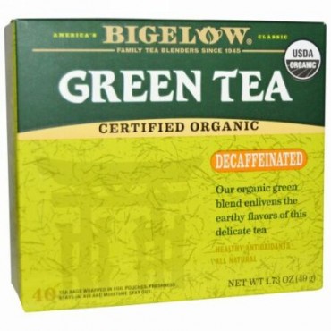 Bigelow, オーガニック グリーンティー、カフェイン抜き、40ティーバッグ、1.73 oz (49 g) (Discontinued Item)