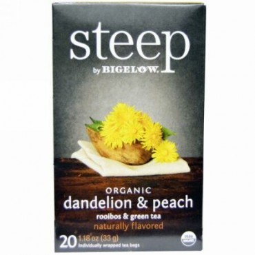 Bigelow, Steep, Organic Dandelion & Peach, Rooibos & Green Tea, 20 Tea Bags, 1.18 oz (33 g) (Discontinued Item)
