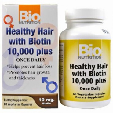 Bio Nutrition, ビオチン10,000プラスで健康的な髪に、植物性カプセル60粒