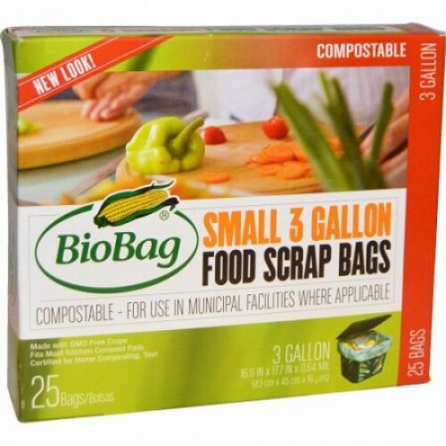 Biobag, フードスクラップバッグ, 小, 25バッグ, 3ガロン, 16.9インチ×17.7インチ×0.64ミル（43 cm × 45 cm ×16 um〈ミクロン〉） (Discontinued Item)