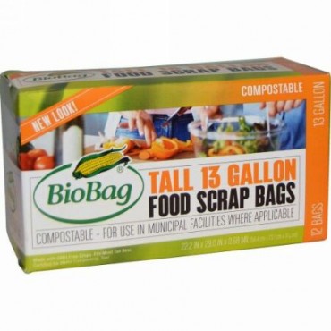 Biobag, 背の高い13ガロン フードスクラップバッグ, 12バッグ, 22.2インチ×29.0インチ×0 .68ミル (Discontinued Item)