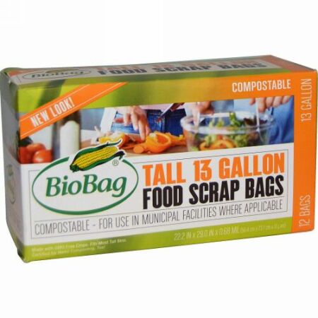 Biobag, 背の高い13ガロン フードスクラップバッグ, 12バッグ, 22.2インチ×29.0インチ×0 .68ミル (Discontinued Item)