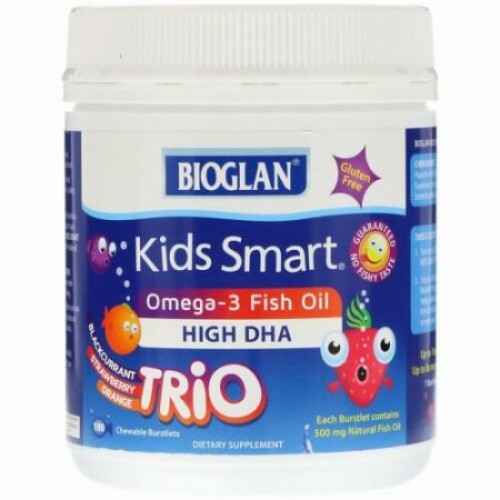 Bioglan, Kids Smart, Omega-3 Fish Oil, Blackcurrant, Strawberry, Orange Trio, 180 Chewable Burstlets (Discontinued Item)