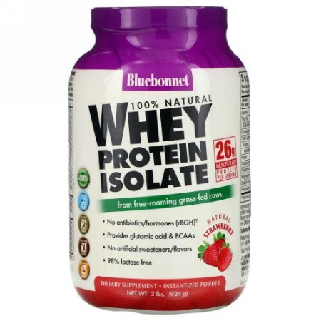 Bluebonnet Nutrition, 100% 天然、ホエイ・プロテイン・アイソレート、 天然ストロベリー味、 2ポンド (924 g)