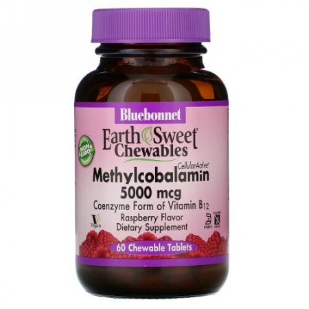 Bluebonnet Nutrition, EarthSweet Chewables, CellularActive Methylcobalamin, Raspberry Flavor, 5,000 mcg, 60 Chewable Tablets