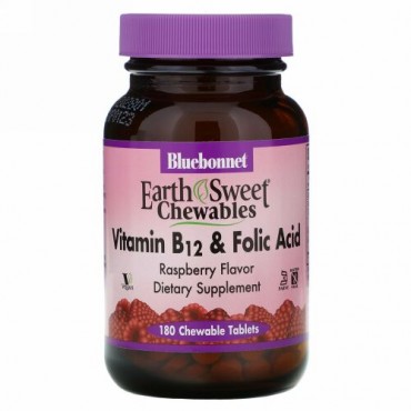 Bluebonnet Nutrition, EarthSweetチュアブル、ビタミンB-12 & 葉酸、天然ラズベリー風味、180チュアブル錠