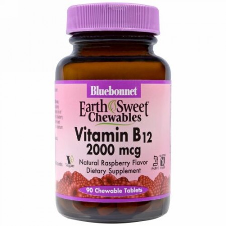 Bluebonnet Nutrition, アーススイート チュアブルズ、ビタミンB12、天然ラズベリーフレーバー、2,000 mcg、90チュアブル錠