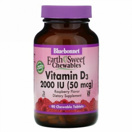 Bluebonnet Nutrition, EarthSweetチュアブル、ビタミンD3、天然ラズベリー風味、2,000 IU、90チュアブル錠
