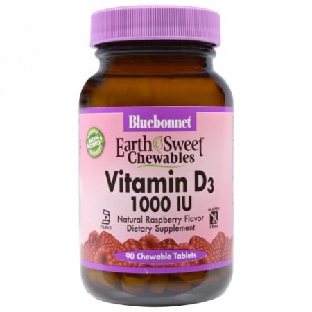 Bluebonnet Nutrition, Earth Sweet Chewables, Vitamin D3, Natural Raspberry Flavor, 1,000 IU, 90 Chewable Tablets