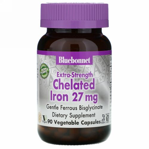 Bluebonnet Nutrition, 高強度キレート鉄、27mg、ベジカプセル90粒