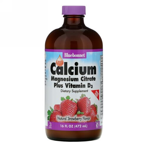 Bluebonnet Nutrition, 液体カルシウム、クエン酸マグネシウムとビタミンD3、天然ストロベリー風味、16 fl oz (472 ml)