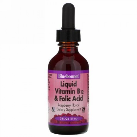 Bluebonnet Nutrition, リキッド ビタミンB-12 & 葉酸、天然ラズベリーフレーバー、2 fl oz (59 ml)