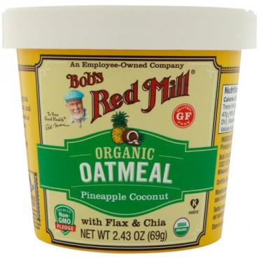 Bob's Red Mill, オーガニックオートミールカップ、パイナップルココナッツ・フラックス&チア、2.43 oz (69 g) (Discontinued Item)