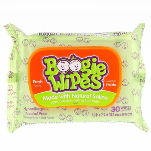 Boogie Wipes, 鼻詰まり用生理食塩水ウェットティッシュ、フレッシュな香り、30枚