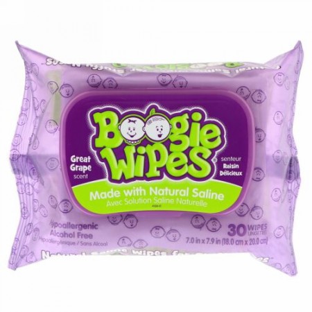 Boogie Wipes, 鼻づまり用天然生理食塩水ワイプ、豊かなグレープの香り、ウェットティッシュ30枚