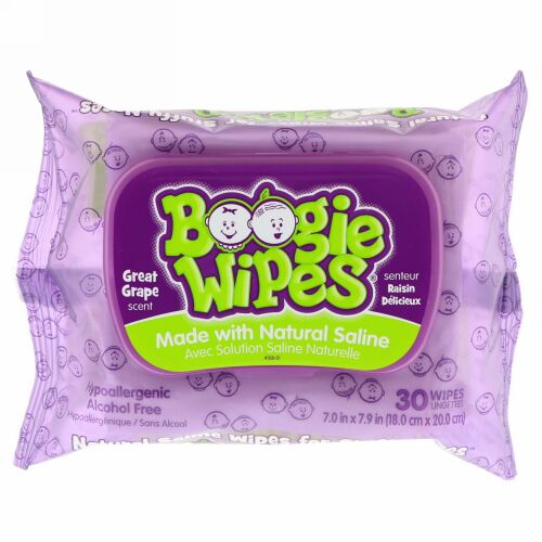 Boogie Wipes, 鼻づまり用天然生理食塩水ワイプ、豊かなグレープの香り、ウェットティッシュ30枚
