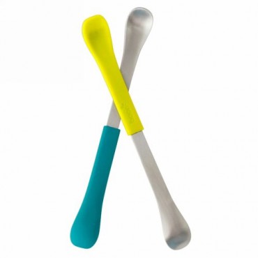 Boon, スワップ、2-in-1 離乳食スプーン、4ヶ月以上向け、ティールグリーン & イエロー、スプーン2つ (Discontinued Item)
