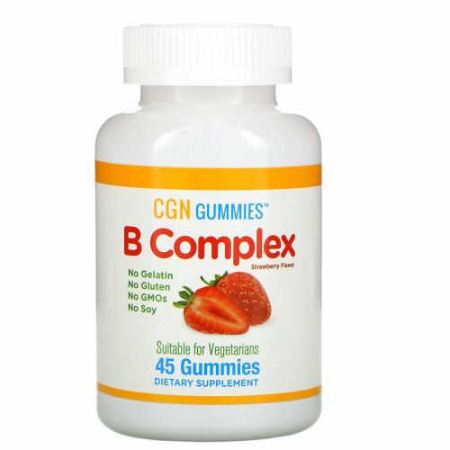 California Gold Nutrition, ビタミンB複合体グミ、ゼラチン無添加、グルテンフリー、天然イチゴ風味、45粒