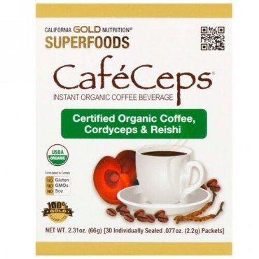 California Gold Nutrition, CafeCeps（カフェセップス）、冬虫夏草と霊芝キノコ粉末入りオーガニック認定インスタントコーヒー、30袋、各2.2g（0.077オンス）