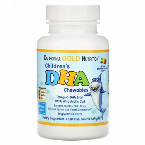 California Gold Nutrition, 子ども用DHAチュアブル、100％ワイルドホッキョクタラ、ストロベリーレモン風味、魚ゼラチンソフトジェル180粒