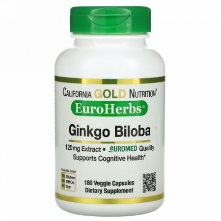 California Gold Nutrition, イチョウエキス、EuroHerbs（ユーロハーブ）、ヨーロッパ品質、120mg、ベジカプセル180粒