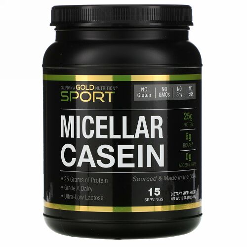 California Gold Nutrition, スポーツ、ミセラーカゼインプロテイン、無香料、タンパク質88％、ゆっくり吸収、消化しやすい、米国アイダホ州産のグレードA乳製品、454g（16オンス）