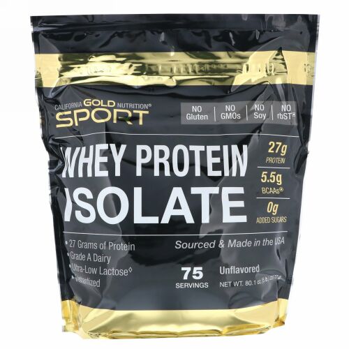California Gold Nutrition, スポーツ、ホエイタンパク質アイソレート、味付けなし、90%タンパク質、高速吸収、簡単に消化、米国ウィスコンシン州のグレードAの酪農場産原料のみ、75回分、5ポンド (2270 g)