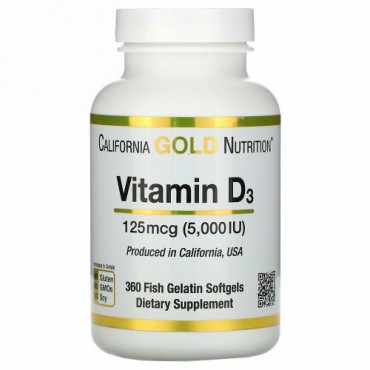 California Gold Nutrition, ビタミンD3、125mcg（5,000IU）、魚ゼラチンソフトジェル360粒