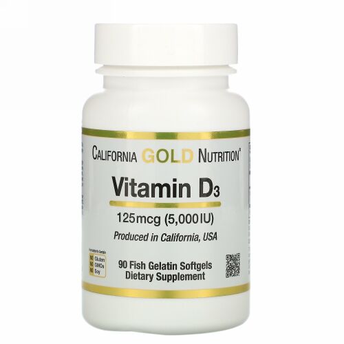 California Gold Nutrition, ビタミンD3、125mcg（5,000IU）、魚ゼラチンソフトジェル90粒