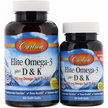 Carlson Labs, エリートオメガ-3プラス D & K、ナチュラルレモンフレーバー、60 + 30無料ソフトジェル