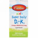 Carlson Labs, Kid's, Super Daily D3+K2, 25 mcg (1,000 IU) & 22.5 mcg, 0.34 fl oz (10.16 ml)