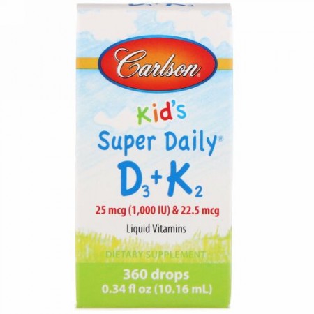 Carlson Labs, Kid's, Super Daily D3+K2, 25 mcg (1,000 IU) & 22.5 mcg, 0.34 fl oz (10.16 ml)