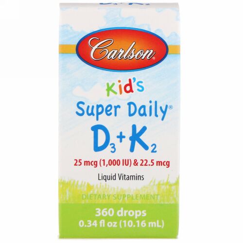 Carlson Labs, Kid's, Super Daily D3+K2, 25 mcg (1,000 IU) & 22.5 mcg, 0.34 fl oz (10.16 ml)