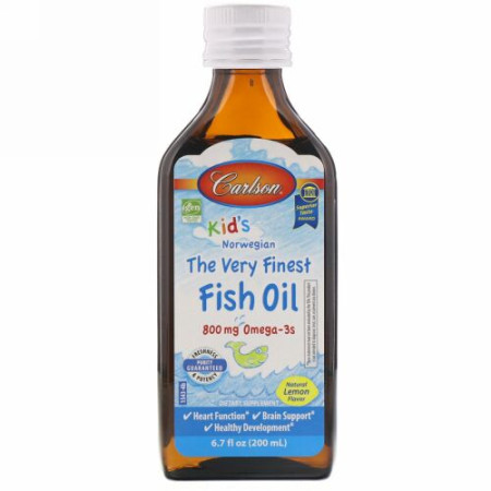 Carlson Labs, 子ども用、ノルウェー産、高品質フィッシュオイル、天然レモン味、800mg、200ml（6.7液量オンス）