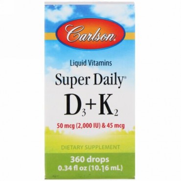 Carlson Labs, 液体ビタミン、スーパーデイリーD3+K2、50 mcg、0.34 fl oz (10.16 ml)