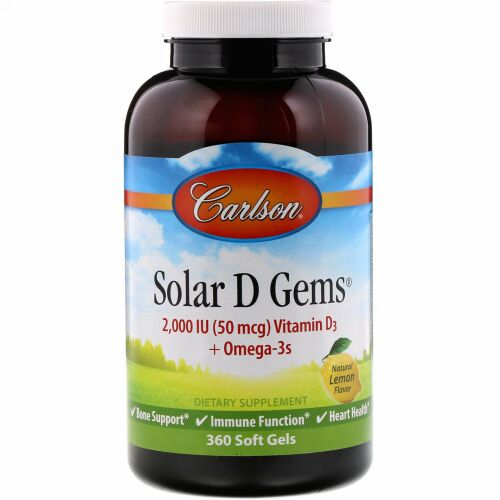 Carlson Labs, Solar DGems、ビタミンD3＋オメガ3群、天然レモン風味、2,000IU、ソフトジェル360粒