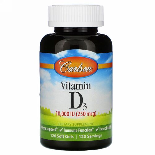 Carlson Labs, Vitamin D3, 250 mcg (10,000 IU), 120 Soft Gels