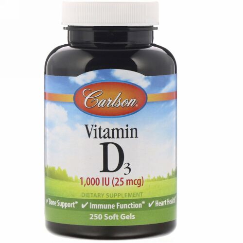 Carlson Labs, ビタミンD3、1,000IU（25mcg）、ソフトジェル250粒