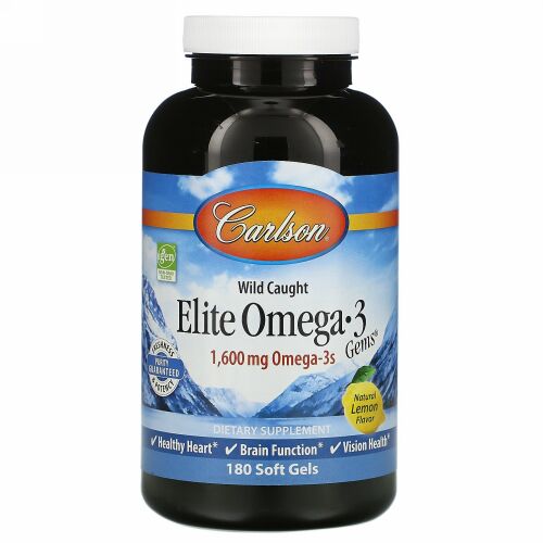 Carlson Labs, 野生捕獲、エリートオメガ3ジェム、天然レモン味、1,600mg、ソフトゲル180粒