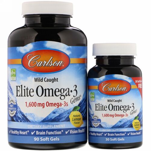 Carlson Labs, 野生捕獲、エリートオメガ3ジェム、天然レモンフレーバー、1,600mg、90錠 + 30錠の無料ソフトジェル